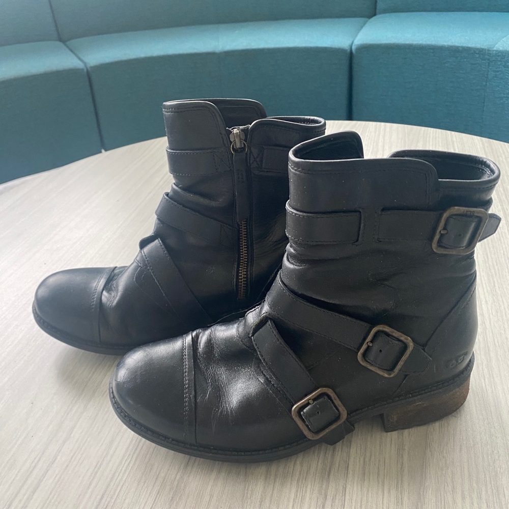 UGG Black Leather Ankle Boots with Buckles